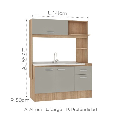 Kit de cocina compacta 4 puertas 1 cajón 141x50x185cm + Pileta Central Hormigón Carvale / Cinza