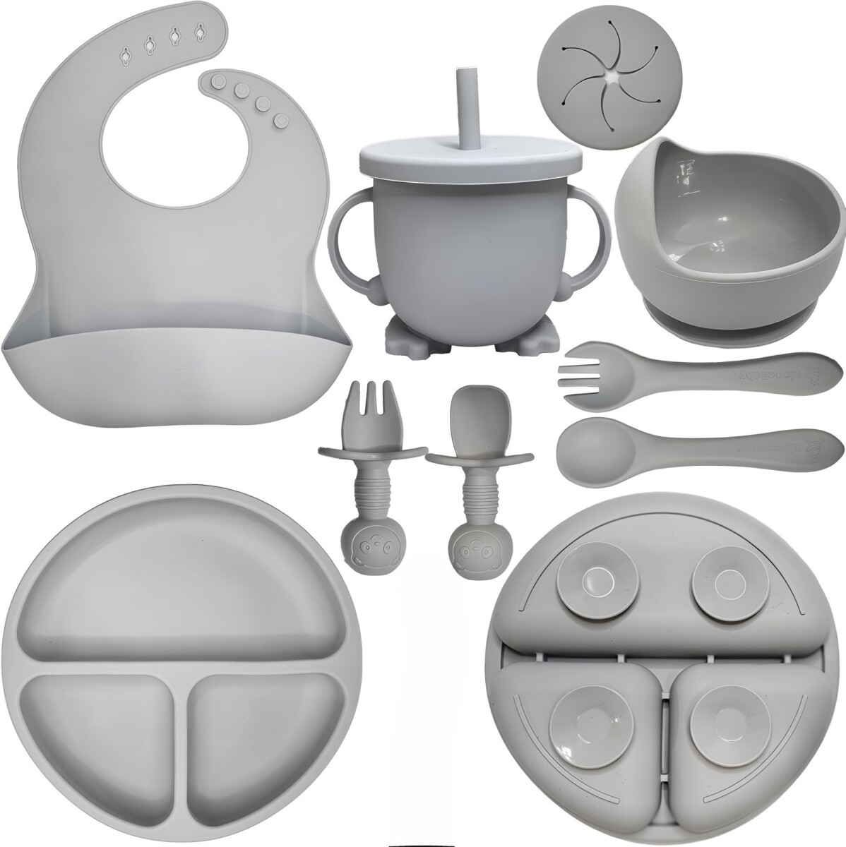 Set Alimentación Bebé Platos Silicona Libre Bpa 10 Piezas - Color Gris 