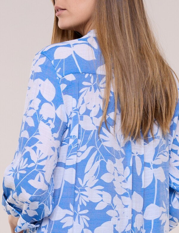 Blusa Liviana Cuello Mao Manga Roll-up BLANCO/AZUL