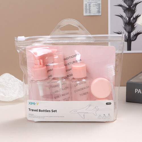 Set Botellas De Viaje Con Tapa Rosa Con Neceser - 7 Piezas Set Botellas De Viaje Con Tapa Rosa Con Neceser - 7 Piezas