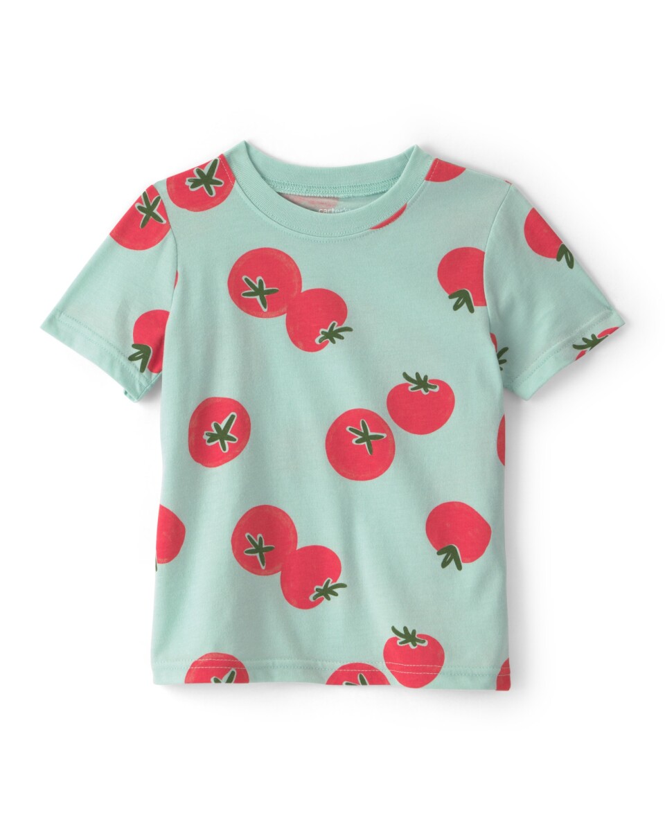 Remera de algodón, manga corta, verde, diseño tomates 