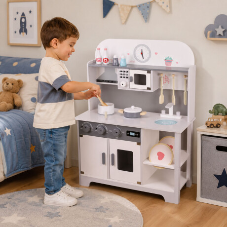 Cocina De Madera Infantil Con Microondas Y Accesorios Blanco