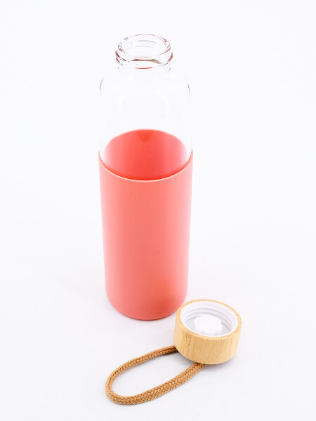 BOTELLA VIDRIO CON BASE SILICONA ROSADO