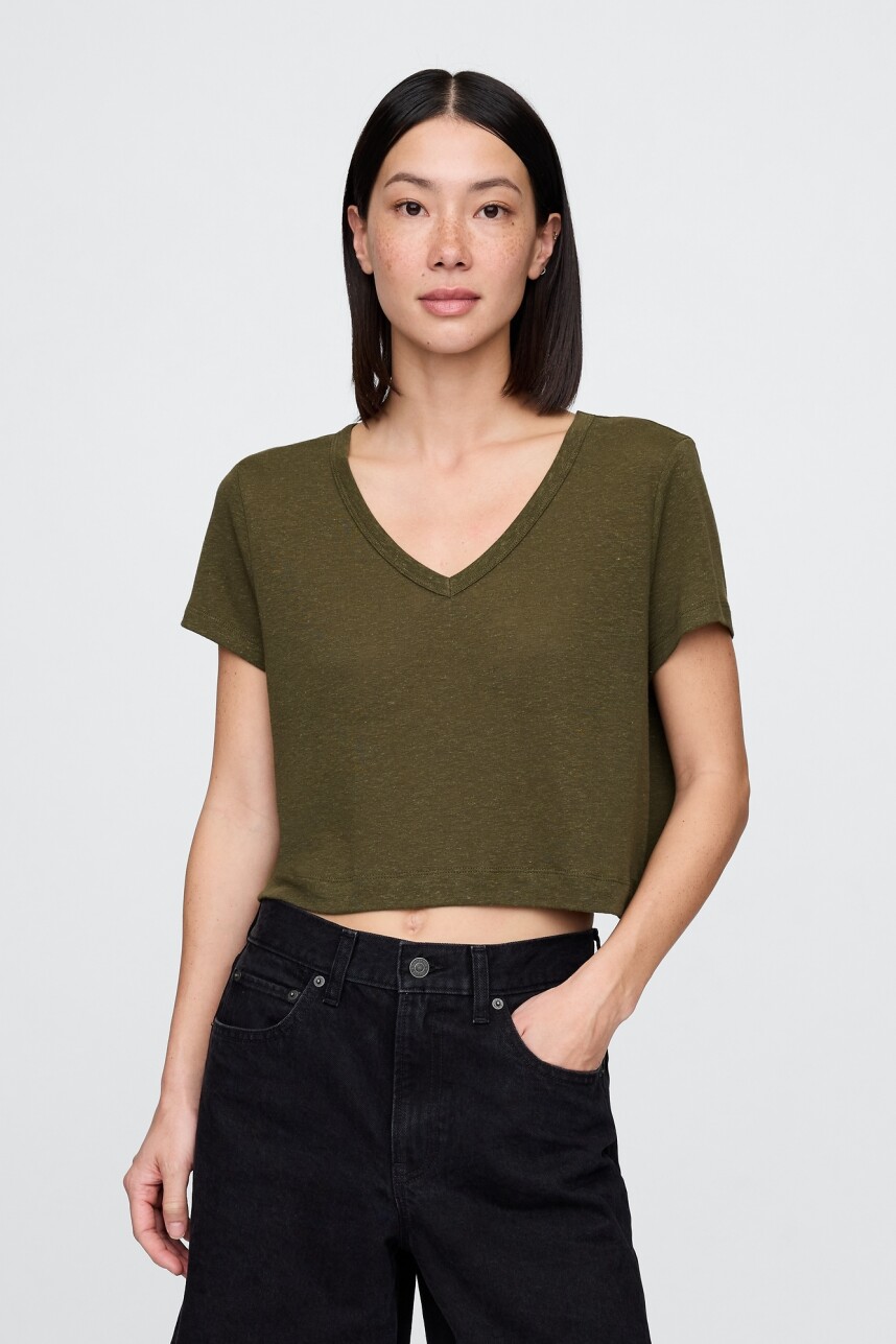 Remera Lino Crop Manga Corta Mujer Dark Olive 19-0516 Tcx
