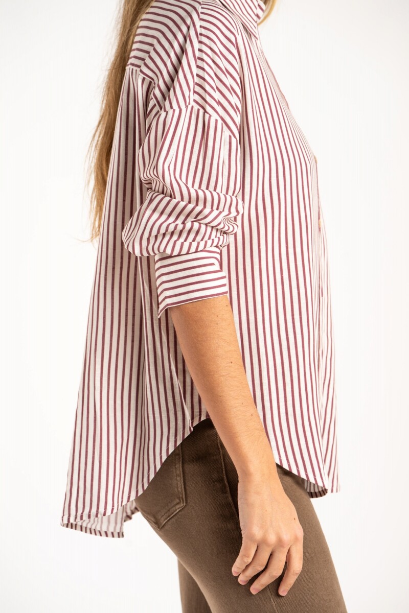 Camisa Rayada Con Lino Burdeos