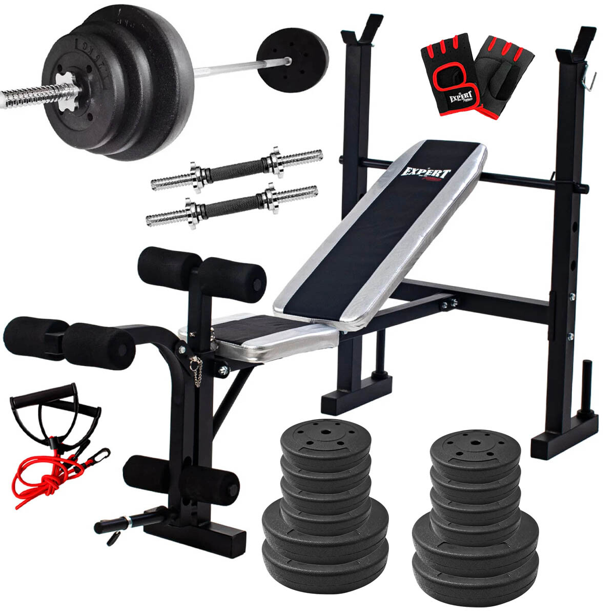 Banco Pecho + Scott + Barra 150 +2 Mancuernas +40kg - 4 Discos 5kg + 8 Discos 2.5kg 