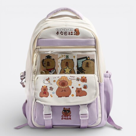 Mochila Capibara Doble Cierre Colores Pastel Lila