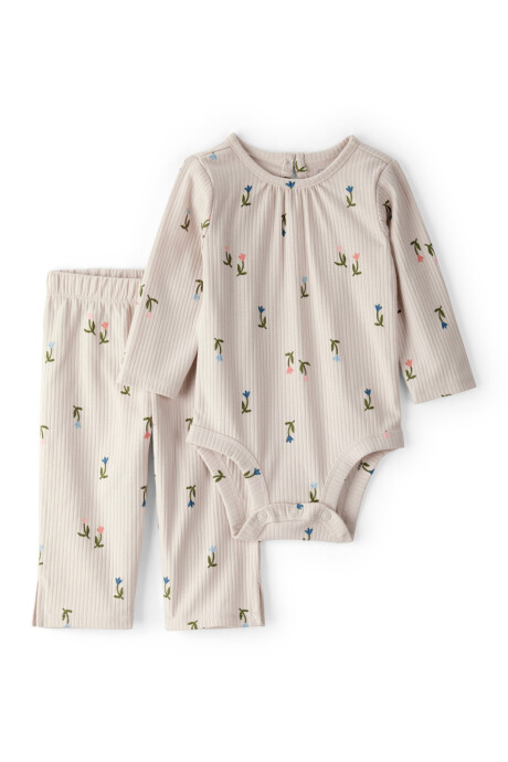 Set dos piezas de algodón acanalado, pantalón y body, diseño floral Sin color