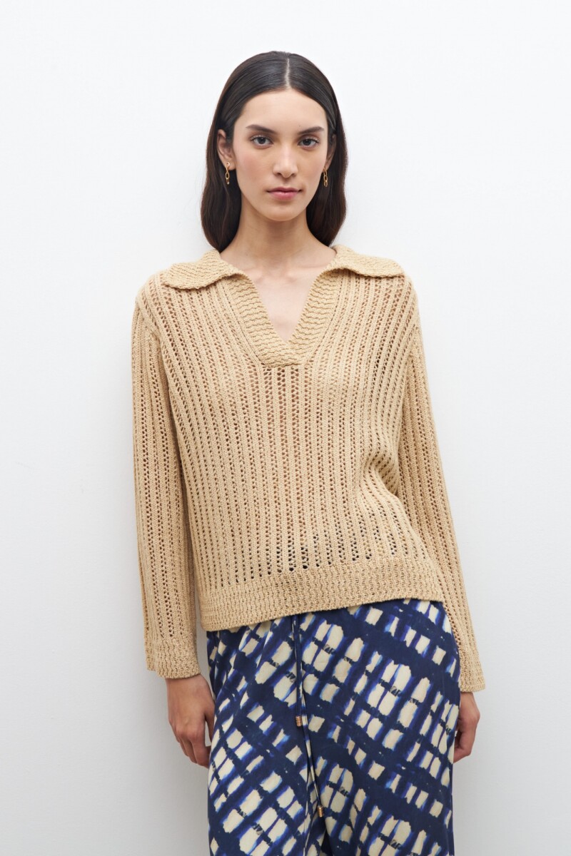 Sweater calado cuello polo beige