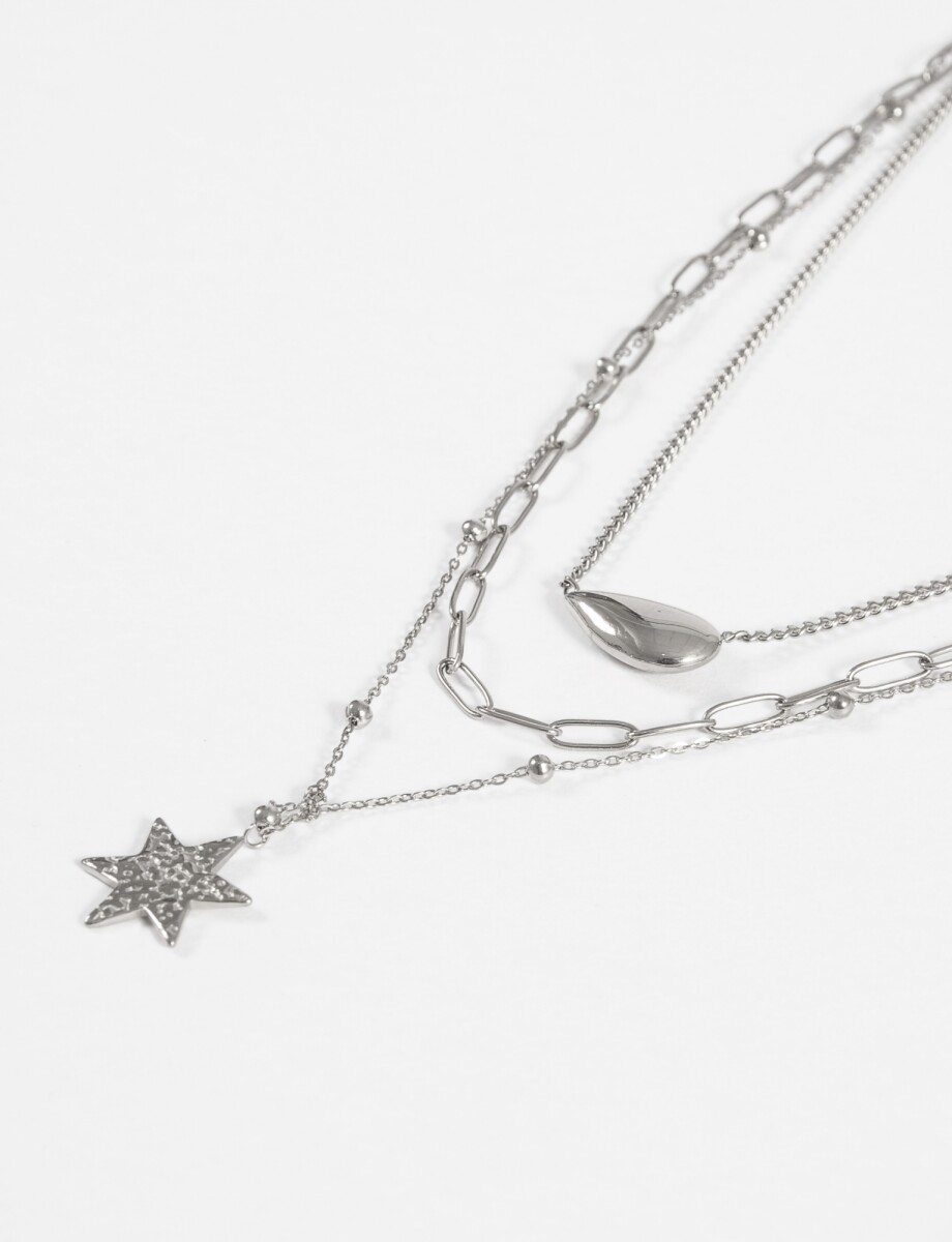 Collar triple vueltas dijes acero - plateado 