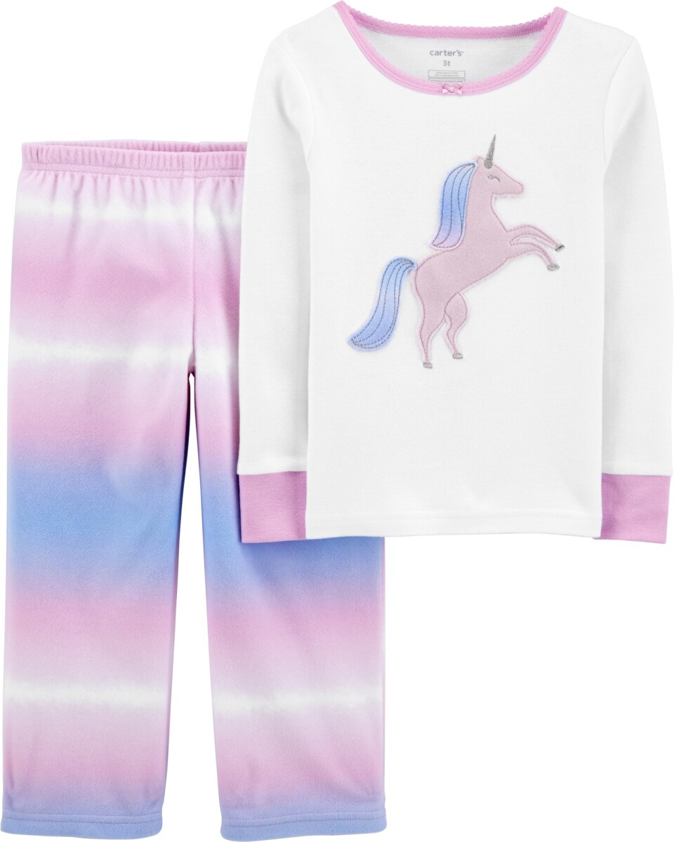 Pijama dos piezas remera de algodón y pantalón micropolar diseño unicornio. Talles 2-5T 