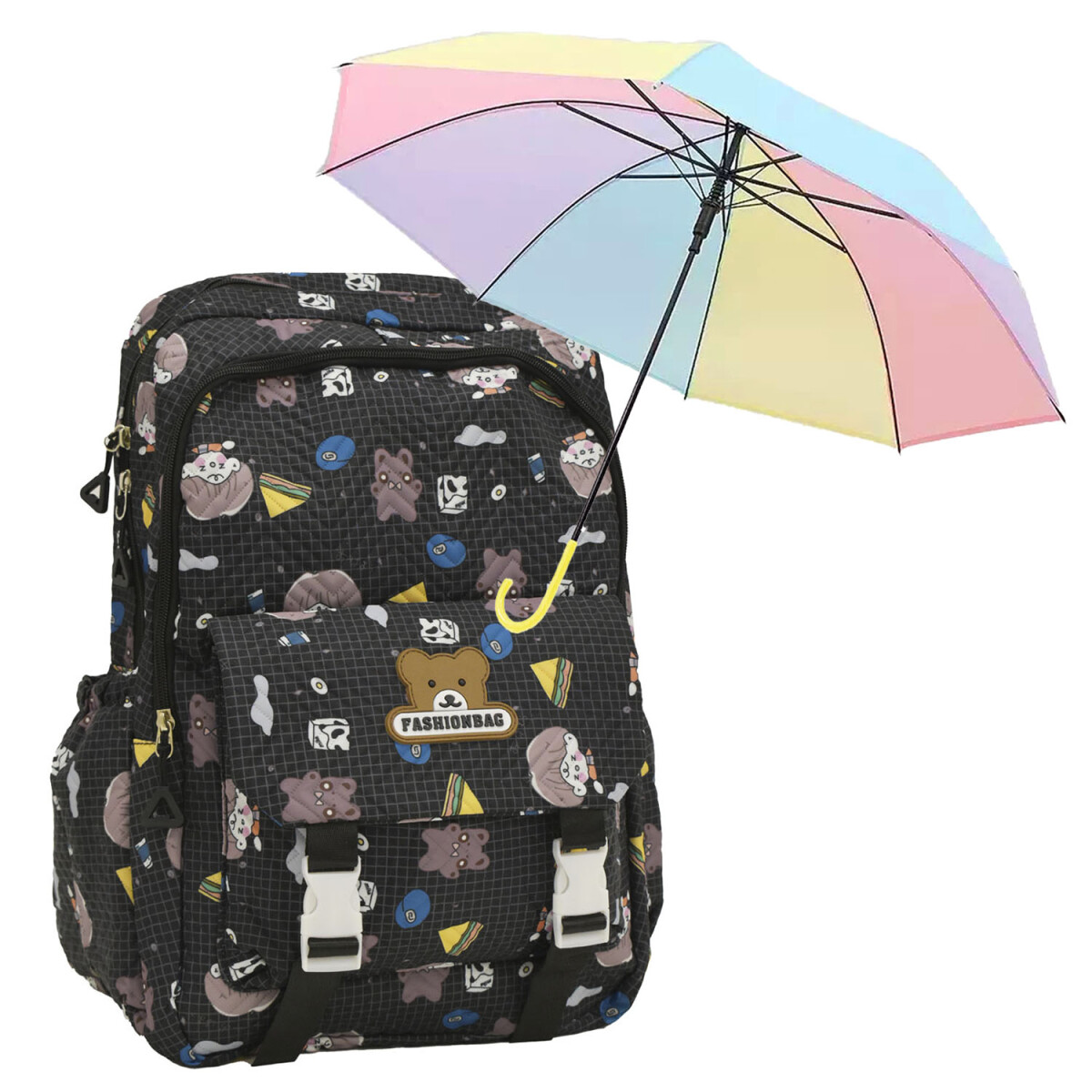 Set Mochila Escolar Infantil p/ Laptop y Bolsillos + Paragua - Negro 