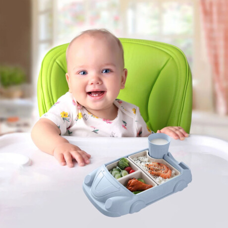 Set Comida Bebé Diseño Auto Platos y Vaso Plástico + Cuchara Celeste