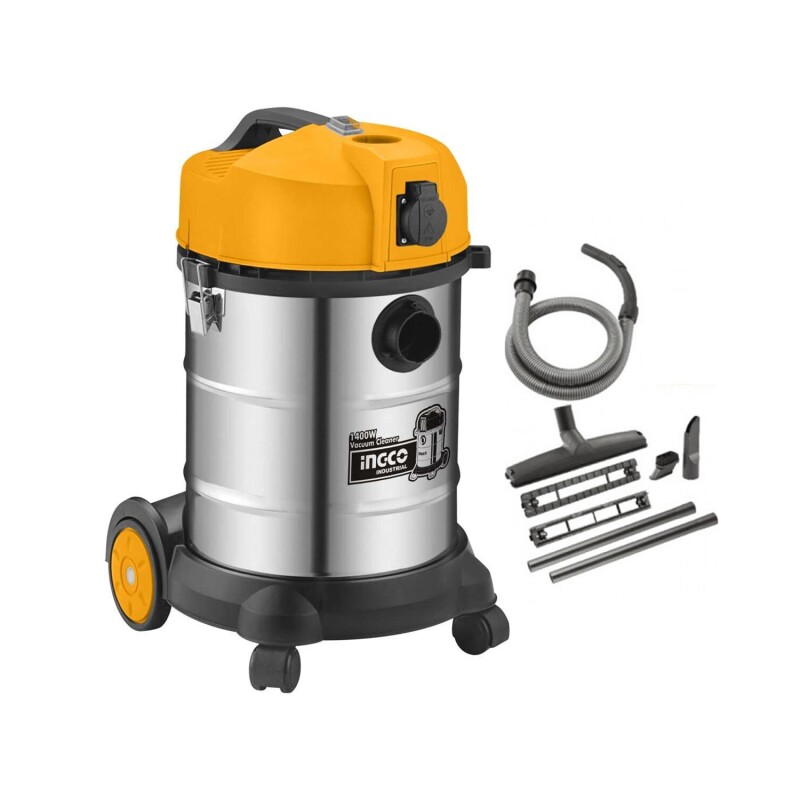Aspiradora industrial Ingco seco húmedo 1400w tanque acero inox. 30L Plateado/Amarillo/Negro