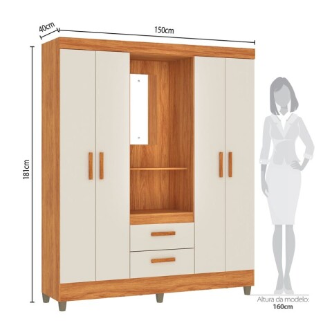 Ropero Vetro 4 Puertas 2 Cajones con Espejo, Perchero y Tocador 150cm MDP - Cinamomo Off White Ropero Vetro 4 Puertas 2 Cajones con Espejo, Perchero y Tocador 150cm MDP - Cinamomo Off White
