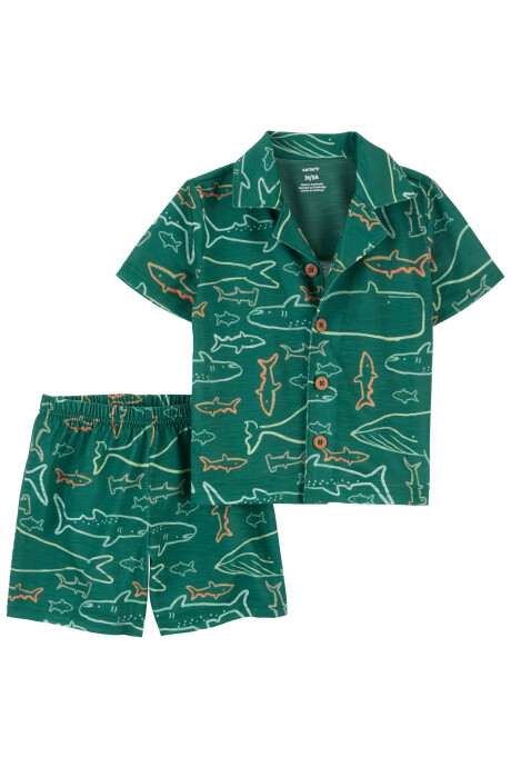 Pijama dos piezas de slub jersey, short y camisa holgados, diseño tiburón Sin color