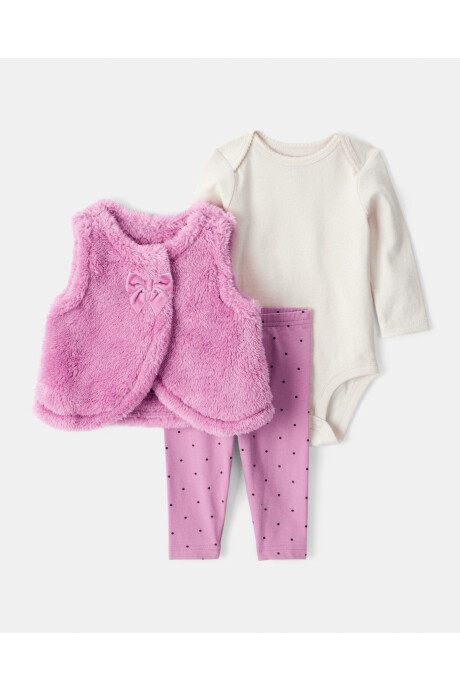 Set tres piezas, chaleco de sherpa, pantalón y body de algodón Set tres piezas, chaleco de sherpa, pantalón y body de algodón