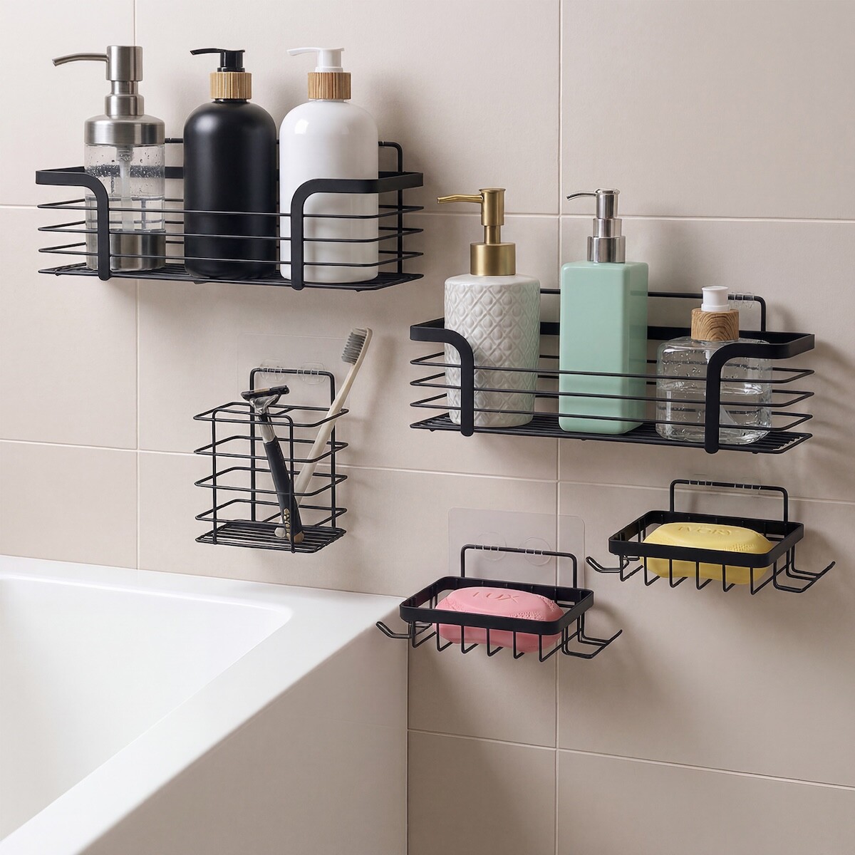 Set x5 Estante Organizador Baño Accesorios Con Adhesivos IMBACK Color Negro 
