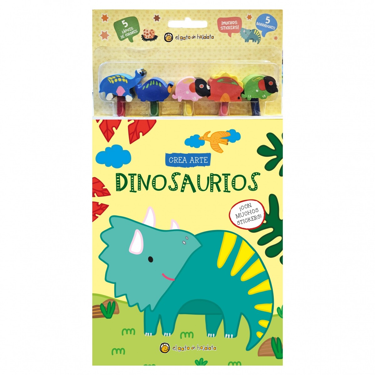 Set Crea Arte Lápices Borradores Stickers - DINOSAURIO 