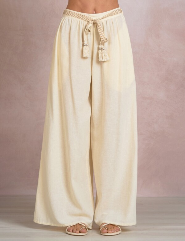 Pantalon Palazzo Algodon Lino Con Cordón Trenzado BEIGE CLARO