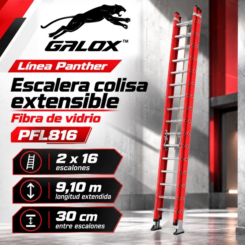 GALOX ESCALERA COLISA FIBRA DE VIDRIO AISLANTE PANTHER 2X16 ESCALONES 9.10M Galox Escalera Colisa Fibra De Vidrio Aislante Panther 2x16 Escalones 9.10m