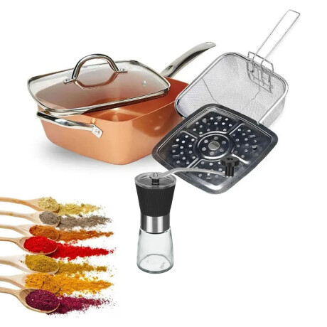 Set Sartén Antiadherente Tapa Vidrio + Molinillo Manual Cobre
