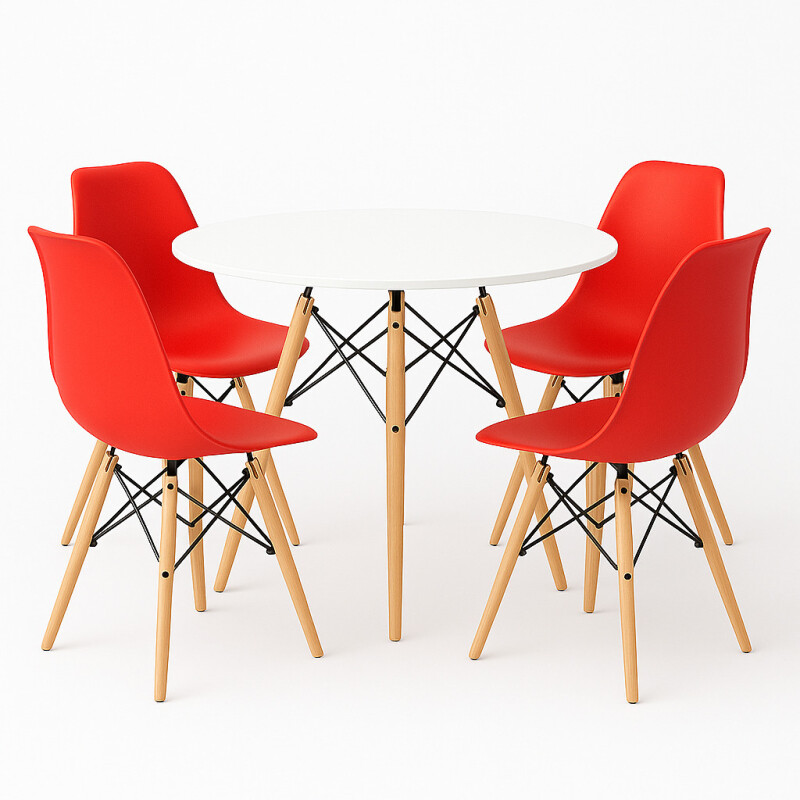 Juego de comedor Con Mesa Circular de 80cm + 4 Sillas Eames Rojo/Blanco
