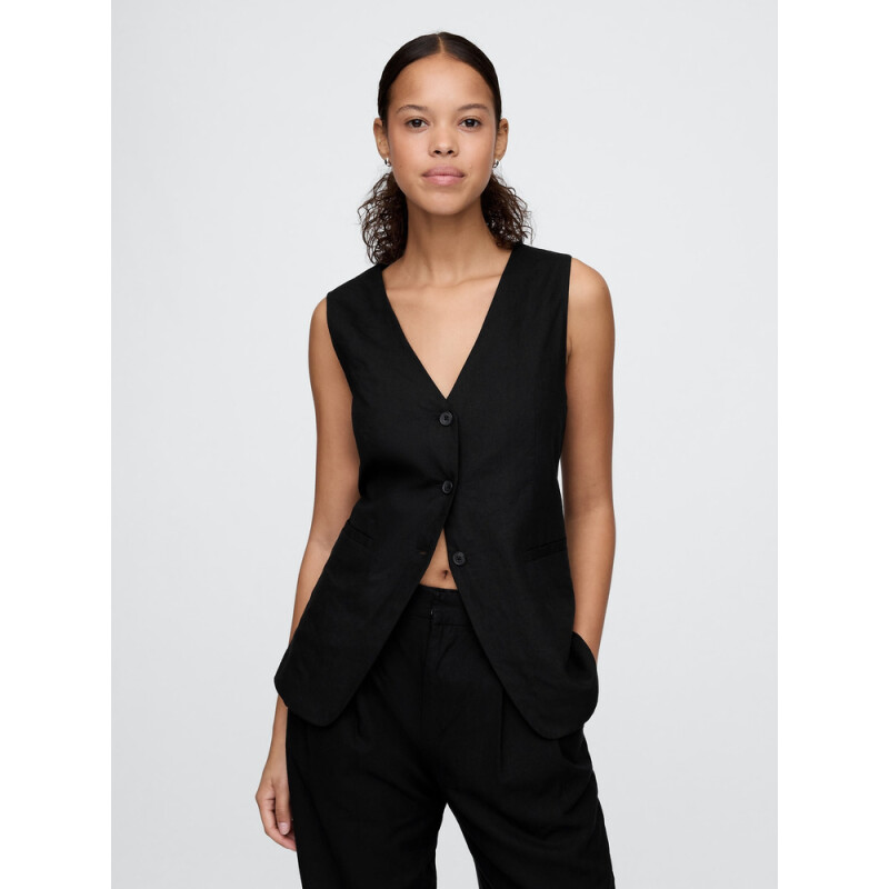 SL LONG LINE VEST - LINEN TRUE BLACK