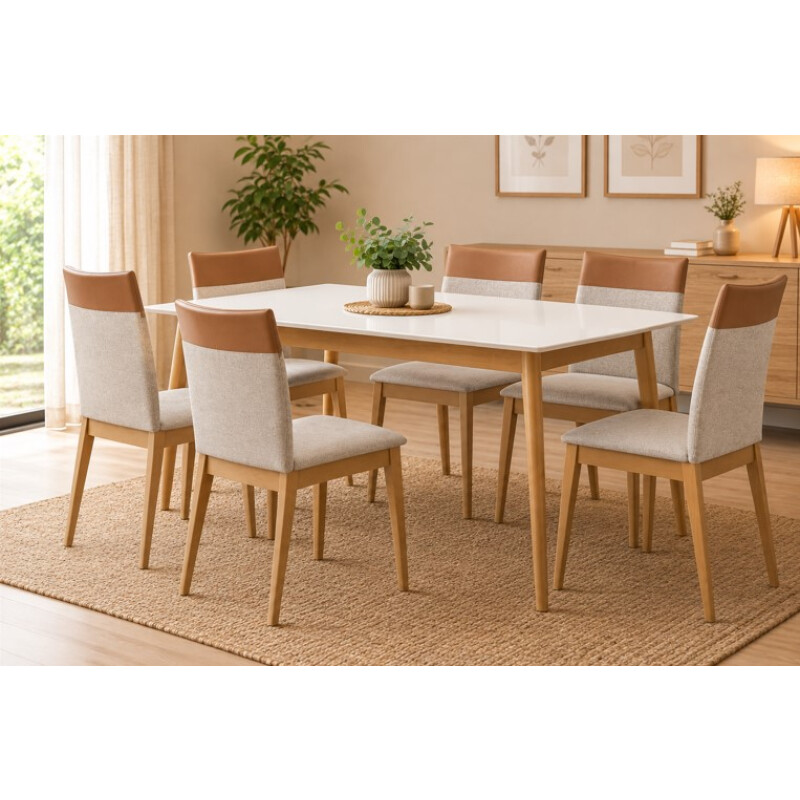 Juego de Comedor CRISTAL 1,60 x 0,90 con 6 Sillas Gris – Imbuia y Blanco Juego de Comedor CRISTAL 1,60 x 0,90 con 6 Sillas Gris – Imbuia y Blanco