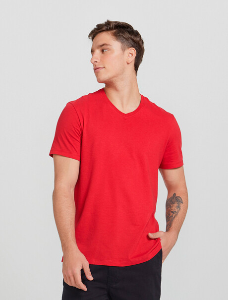 CAMISETA BÁSICA MANGA CORTA CUELLO EN V ROJO