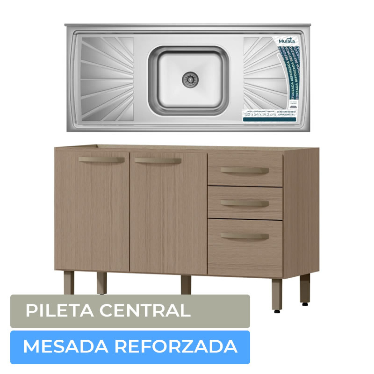 Combo de Cocina Bajo Mesada 3 Puertas 2 cajones + Pileta Reforzada con Hormigón Célular Noce 