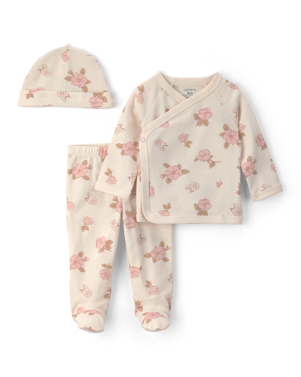 Set tres piezas de algodón, pelele, batita y gorro, crema, diseño floral 