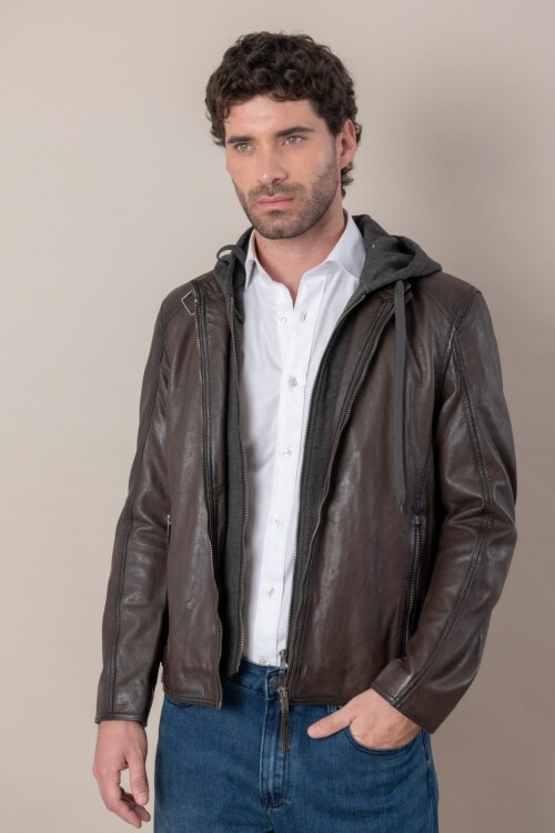 Campera cuero con capucha - Easy Rider Collection Marrón