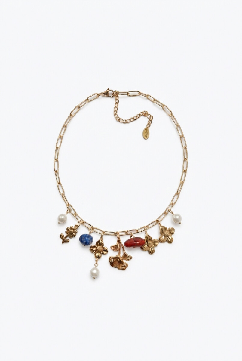 Collar de acero con piedras naturales y dijes - dorado 