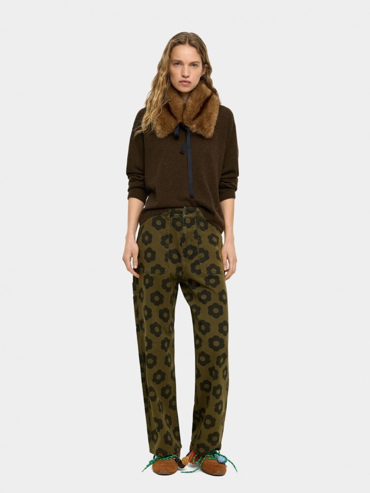Pantalón Vaquero Estampado Floral verde