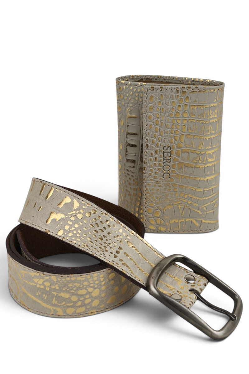 Set de Cinto y Billetera de Cuero Genuino Croco beige y dorado