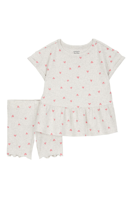 Set dos piezas de algodón acanalado, short y blusa, diseño corazones Set dos piezas de algodón acanalado, short y blusa, diseño corazones