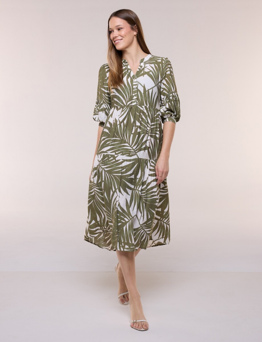 Vestido Midi Estampado Con Botones Y Volantes - Oliva/multi 