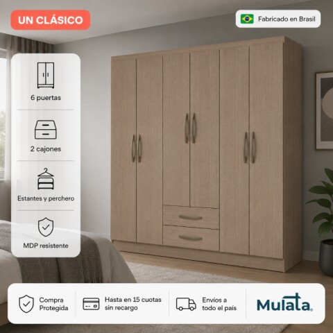 Armario Ropero Placard de 6 Puertas Línea Plus con 2 Cajones y Perchero Horizontal - MDP - Noce Armario Ropero Placard de 6 Puertas Línea Plus con 2 Cajones y Perchero Horizontal - MDP - Noce