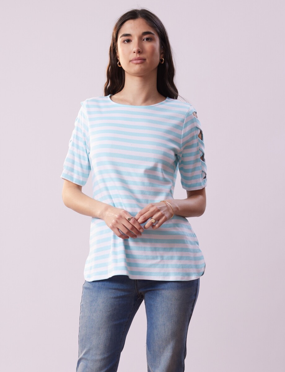 Remera Algodon Lineas - Verde Agua/multi 