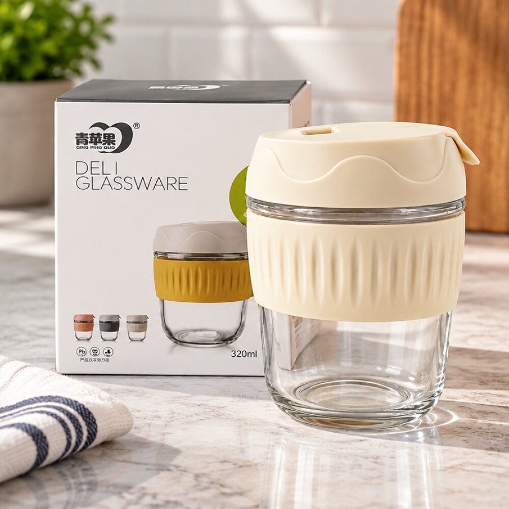 Vaso vidro con protector silicona y tapa 320 ml Vaso vidro con protector silicona y tapa 320 ml