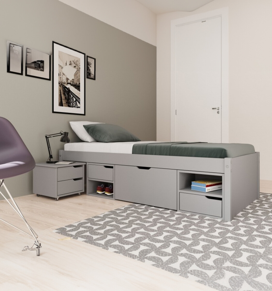Cama 1 plaza Con Cajones - Linea Charme - Gris 