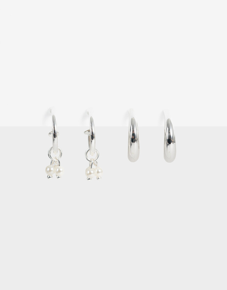 Aros Argollas Set Perlas Set De 2 Pares De Argollas De Metal Con Perla Bañado En Plata - Plateado