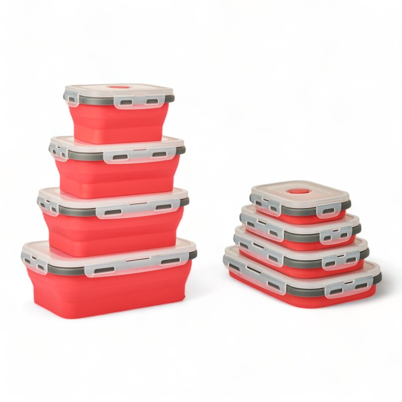 Set X4 Taper Contenedor Silicona Plegables Tapa Plastico Hermetica Rojo