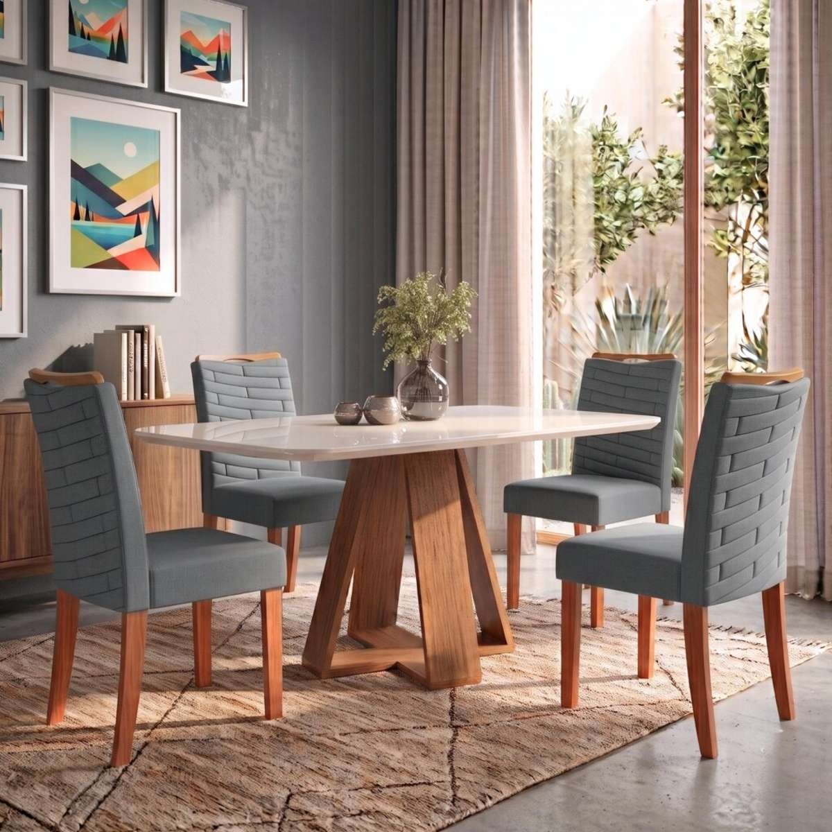 Juego De Comedor 4 Sillas + Mesa Tapa De Vidrio Celeste - Gris Beige 