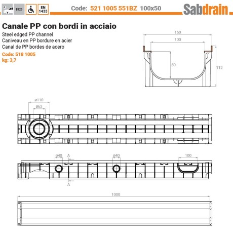 Canal de Drenaje SAB 100X50 B125 E