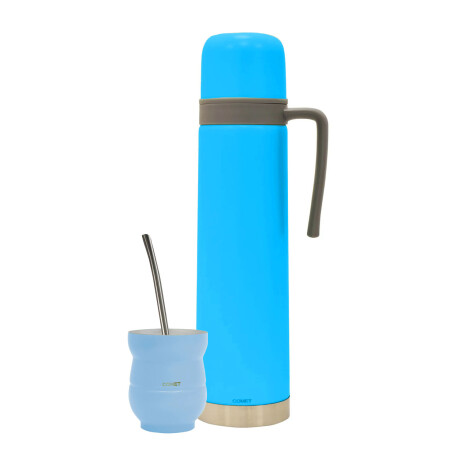 Set Termo 750ml con manija +mate 140ml +bombilla regalo Celeste