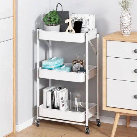 Carro Organizador de Metal Plegable Canasto con 3 Estantes y Ruedas Multiuso IMBACK Color Blanco Carro Organizador de Metal Plegable Canasto con 3 Estantes y Ruedas Multiuso IMBACK Color Blanco