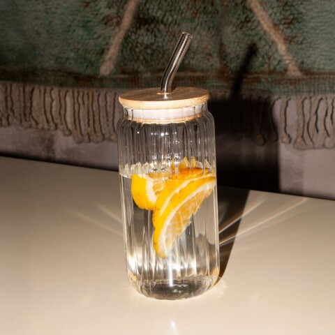 Vaso de vidrio acanalado con tapa madera y sorbito 500ml Vaso de vidrio acanalado con tapa madera y sorbito 500ml