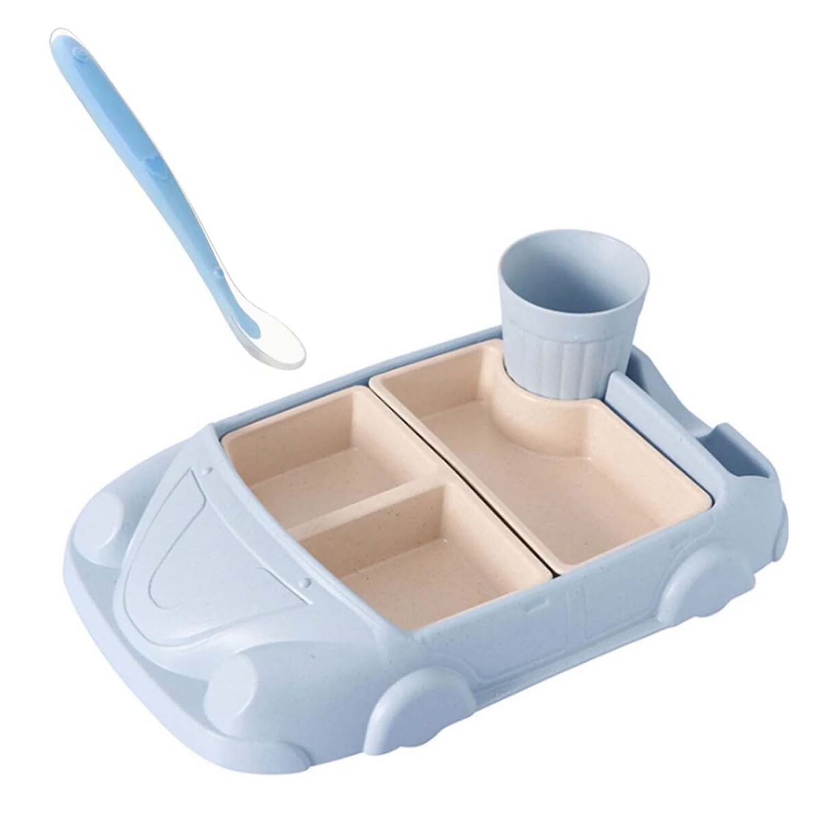 Set Comida Bebé Diseño Auto Platos y Vaso Plástico + Cuchara - Celeste 